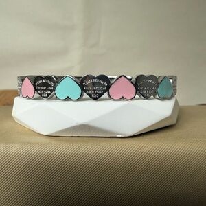Silver Plated  Heart Bangle  Bracelet with Pink and Blue Accents Forever Love